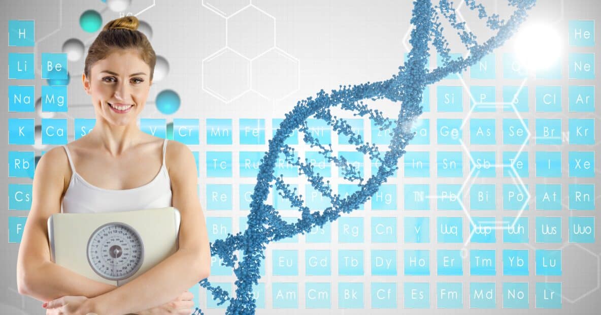 Woman holding scales next to DNA abstract