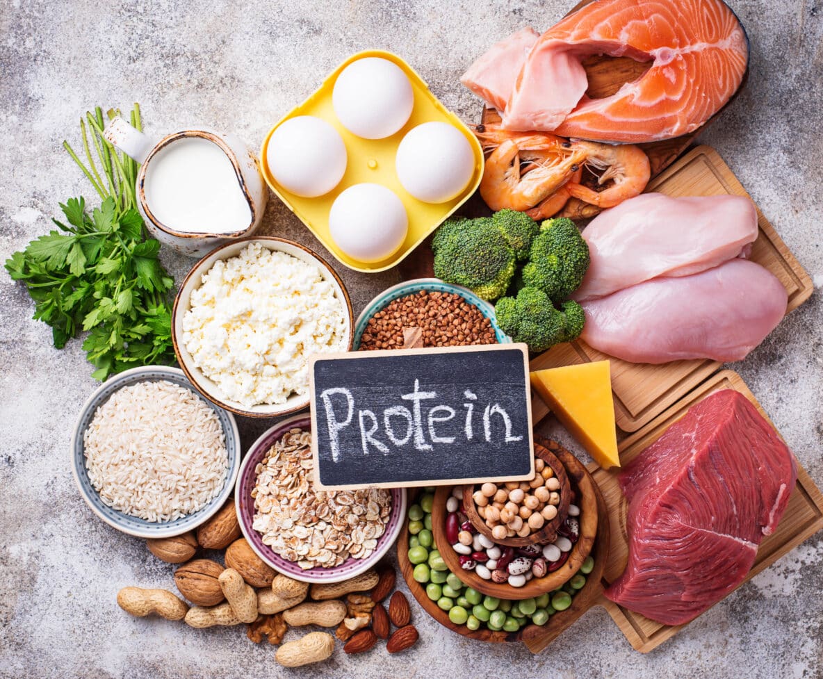 Protein sign on blackboard with foods in background
